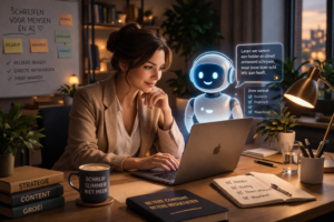 Ondernemer die op laptop werkt met AI-assistent als sparringpartner voor het schrijven van teksten