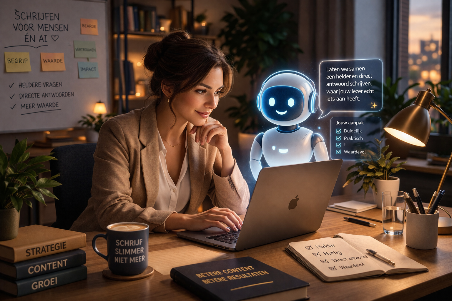 Ondernemer die op laptop werkt met AI-assistent als sparringpartner voor het schrijven van teksten