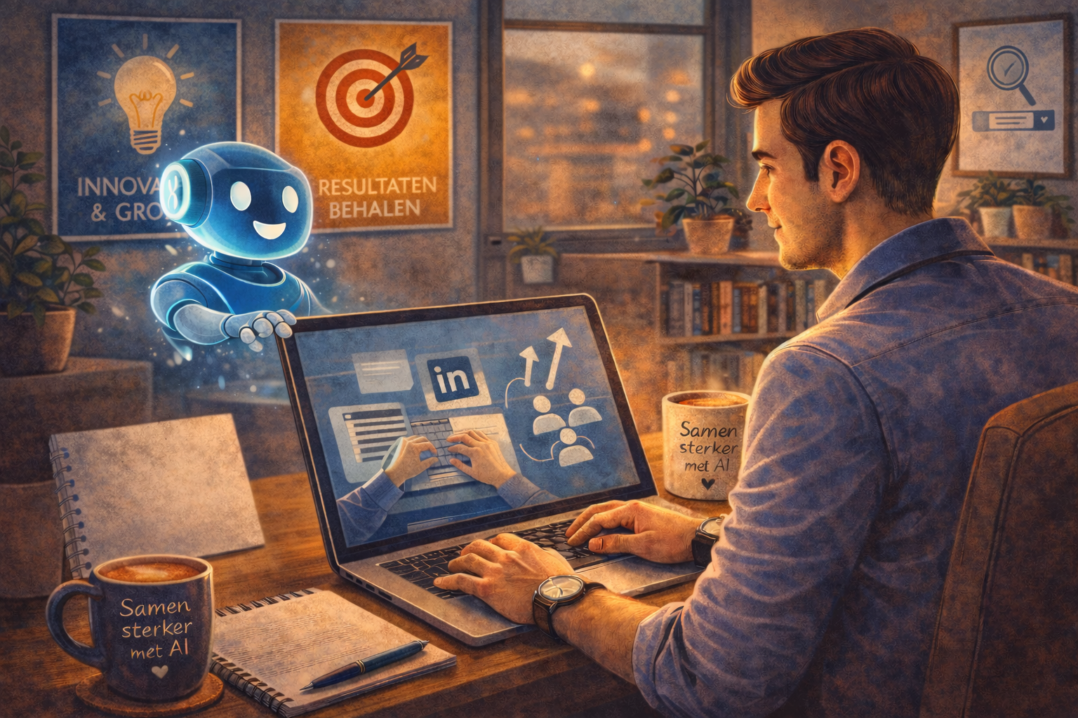 Ondernemer met laptop schrijft een blog met behulp van AI aan de hand van een gestructureerde prompt