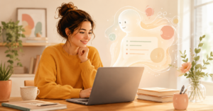 Ondernemer die AI-tekst doorleest en bijstuurt op laptop aan bureau