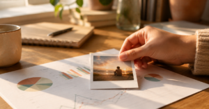 Storytelling in tekst - Hand die een polaroidfoto van iemand bij een zonsondergang op een printout met grafieken legt, warm licht op een houten bureau