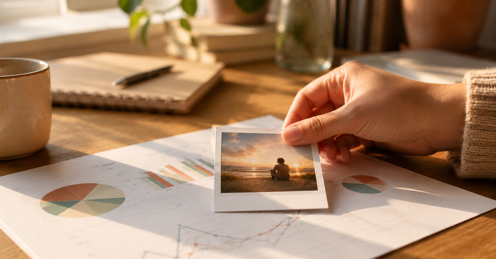Storytelling in tekst - Hand die een polaroidfoto van iemand bij een zonsondergang op een printout met grafieken legt, warm licht op een houten bureau