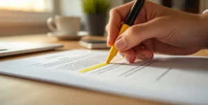 Close-up van een hand die met een gele markeerstift alleen de eerste regels van een document markeert, warm licht op een houten bureau